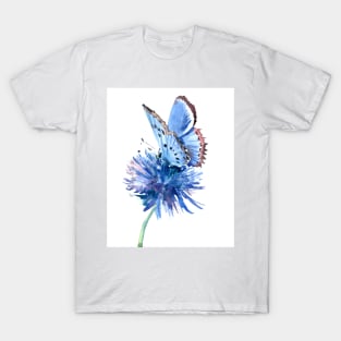 Blue Butterfly and Blue Flower T-Shirt